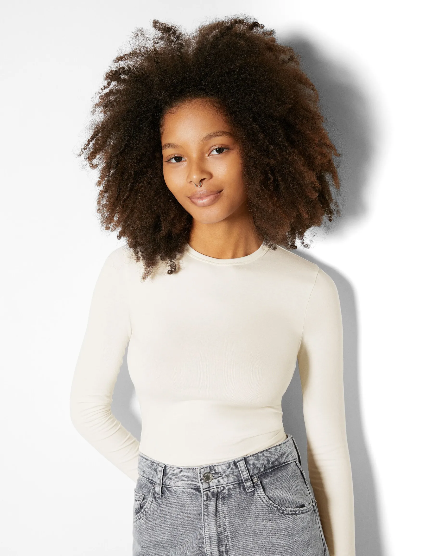 BERSHKA Top manches longues bord-côte Blanc cassé Fashion