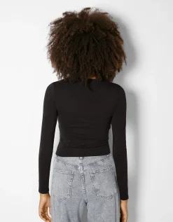 BERSHKA Top manches longues bord-côte Noir Shop