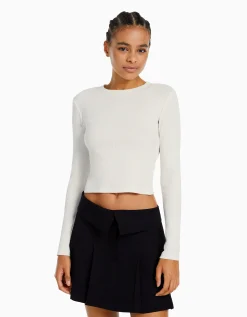 BERSHKA Top manches longues bord-côte Blanc Clearance