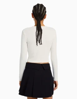BERSHKA Top manches longues bord-côte Blanc Clearance