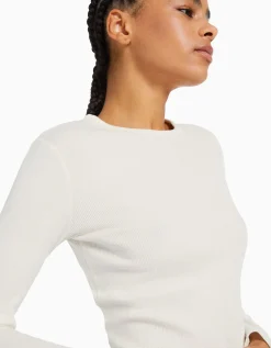 BERSHKA Top manches longues bord-côte Blanc Clearance