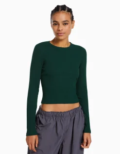 BERSHKA Top manches longues bord-côte Vert Discount