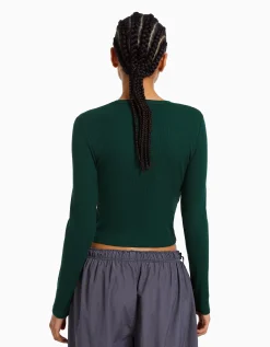 BERSHKA Top manches longues bord-côte Vert Discount