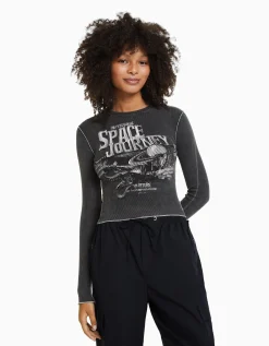 BERSHKA Top manches longues bord-côte Noir Clearance