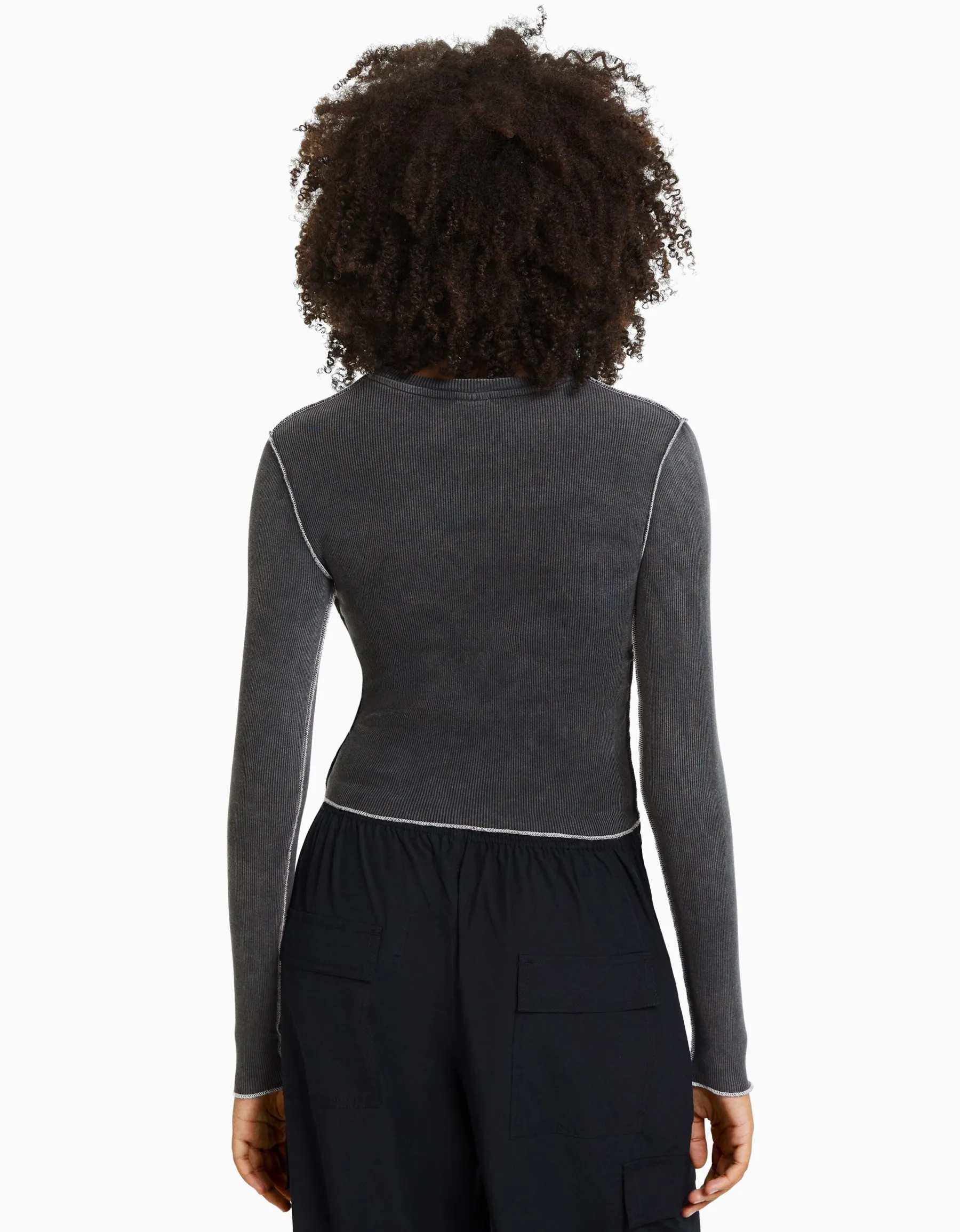 BERSHKA Top manches longues bord-côte Noir Clearance