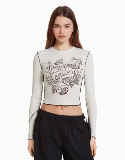 BERSHKA Top manches longues bord-côte Noir Best
