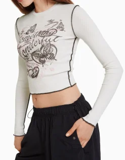 BERSHKA Top manches longues bord-côte Noir Best