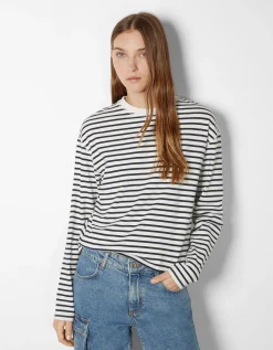 BERSHKA Top manches longues boxy fit rayures Vert Hot