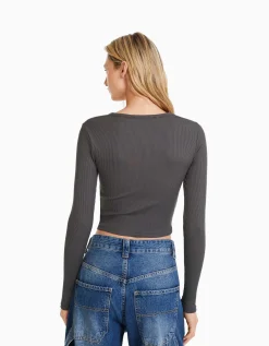 BERSHKA Top manches longues col asymétrique Noir Store