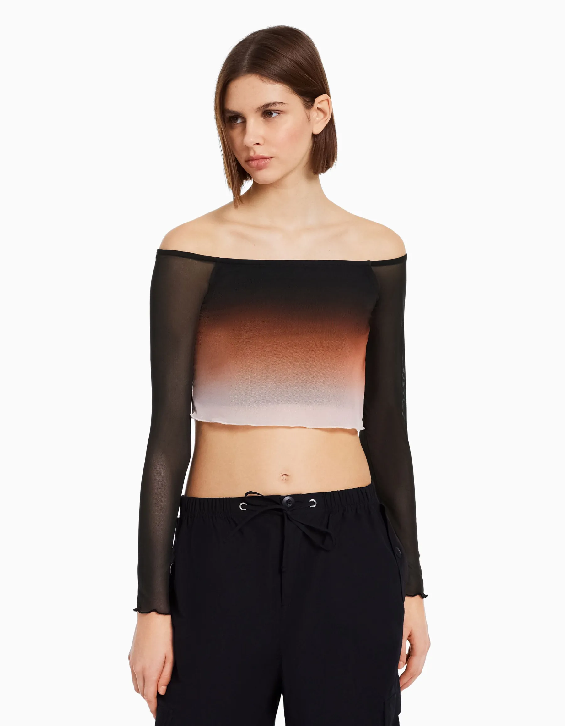 BERSHKA Top manches longues col Bardot tulle Rose Cheap