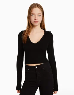 BERSHKA Top manches longues col polo boutons Noir Discount