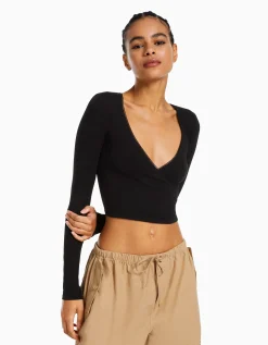 BERSHKA Top manches longues croisé Gris Online