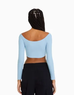 BERSHKA Top manches longues décolleté croisé Noir Discount