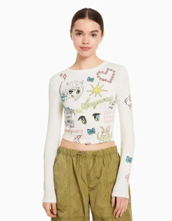 BERSHKA Top manches longues imprimé papillon Rouge New