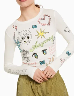 BERSHKA Top manches longues imprimé papillon Rouge New