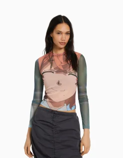 BERSHKA Top manches longues imprimé TOKYO REVENGERS Rose Clearance