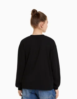 BERSHKA Top manches longues oversize imprimé Noir Clearance
