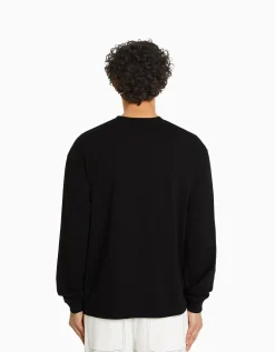 BERSHKA Top manches longues oversize imprimé Noir Outlet