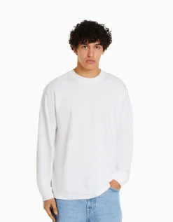 BERSHKA Top manches longues oversize imprimé Blanc Best Sale