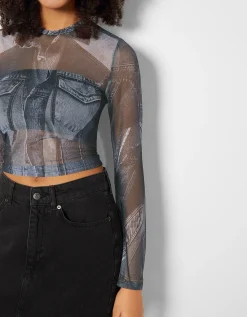 BERSHKA Top manches longues tulle effet denim Gris Online