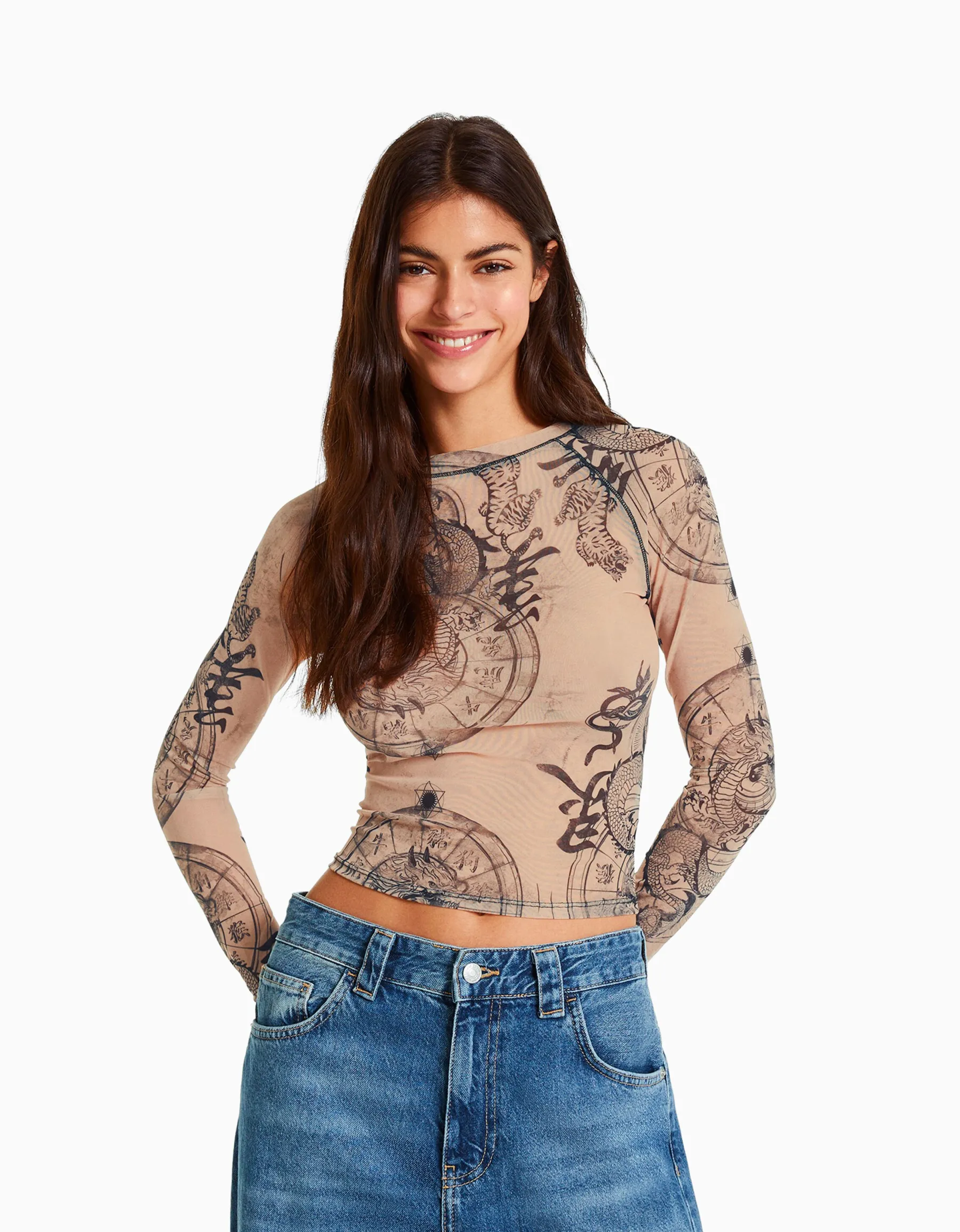 BERSHKA Top manches longues tulle raglan Rose Shop