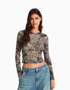 BERSHKA Top manches longues tulle raglan Rose Cheap