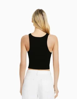 BERSHKA Top sans manches bord-côte Noir Fashion
