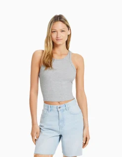 BERSHKA Top sans manches bord-côte Gris Best Sale