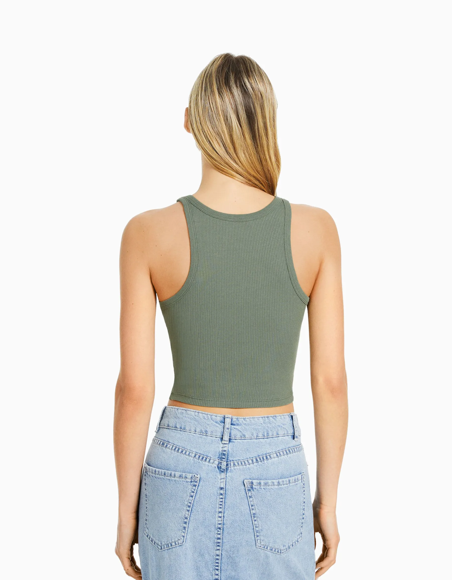 BERSHKA Top sans manches bord-côte Kaki New