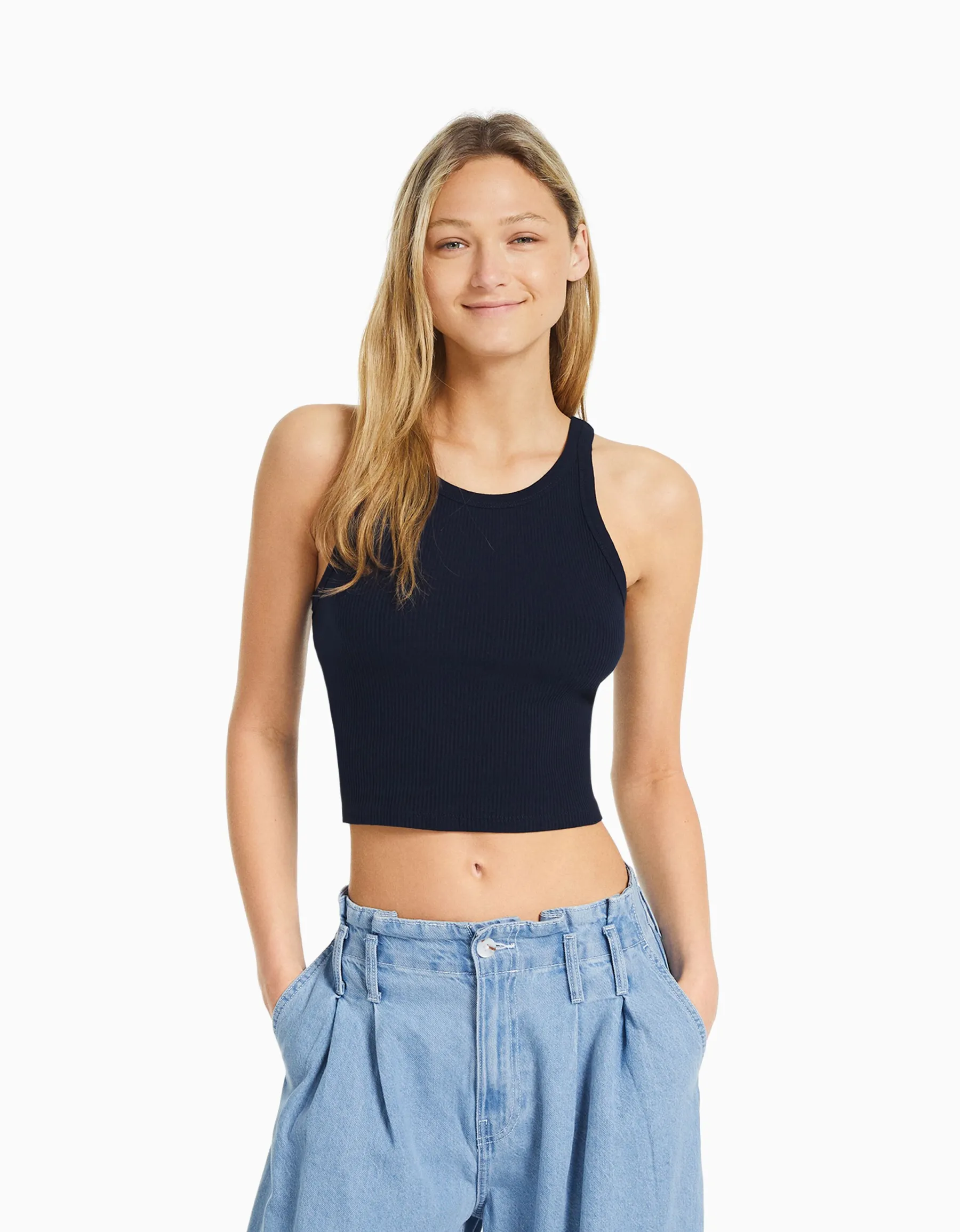 BERSHKA Top sans manches bord-côte Marine Online