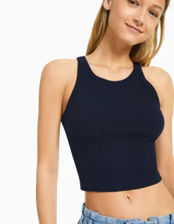 BERSHKA Top sans manches bord-côte Marine Online