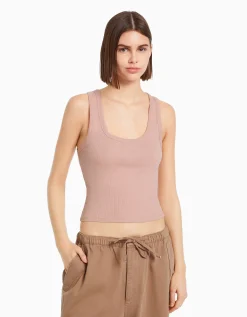 BERSHKA Top sans manches bord-côte Gris Clearance