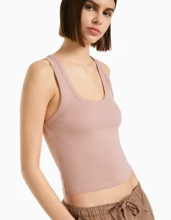 BERSHKA Top sans manches bord-côte Gris Clearance
