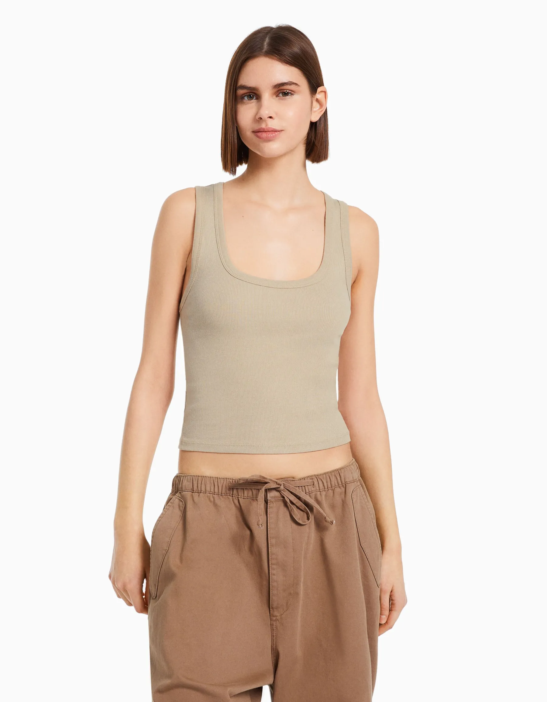 BERSHKA Top sans manches bord-côte Gris Fashion