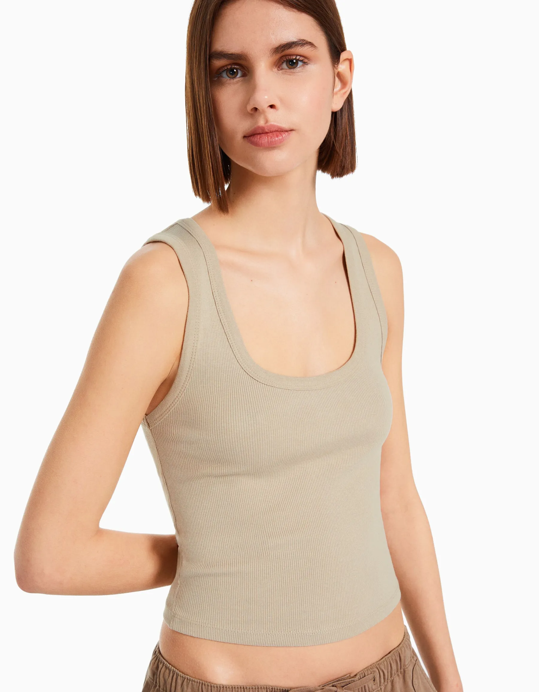 BERSHKA Top sans manches bord-côte Gris Fashion