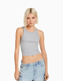 BERSHKA Top sans manches bord-côte Gris Store