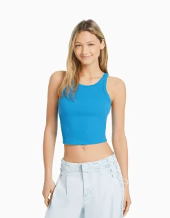 BERSHKA Top sans manches bord-côte Bleu New