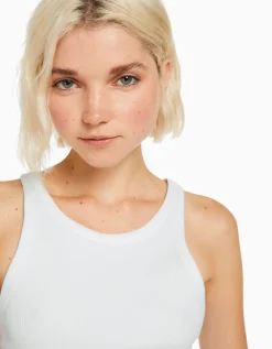 BERSHKA Top sans manches bord-côte Blanc cassé Discount