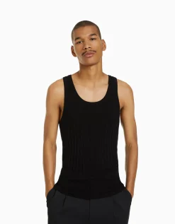 BERSHKA Top sans manches maille côtelée Noir New