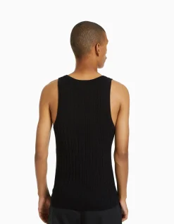 BERSHKA Top sans manches maille côtelée Noir New