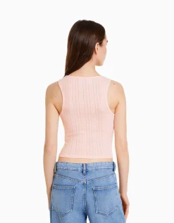BERSHKA Top sans manches maille pointelle imprimé Nirvana Rose Best