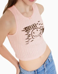 BERSHKA Top sans manches maille pointelle imprimé Nirvana Rose Best