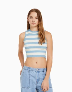 BERSHKA Top sans manches maille rayures Bleu clair Clearance