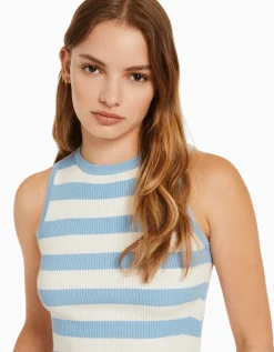 BERSHKA Top sans manches maille rayures Bleu clair Clearance