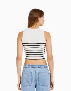 BERSHKA Top sans manches maille rayures Bleu clair Cheap