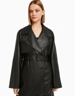 BERSHKA Trench similicuir Noir Cheap