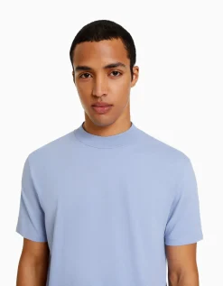 BERSHKA T-shirt à manches courtes et col montant Bleu Store