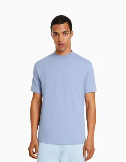 BERSHKA T-shirt à manches courtes et col montant Bleu New