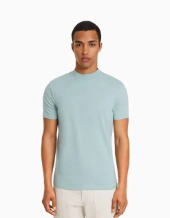 BERSHKA T-shirt à manches courtes et col montant Bleu turquoise Sale