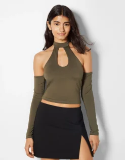BERSHKA T-shirt à manches longues cut out Noir Cheap
